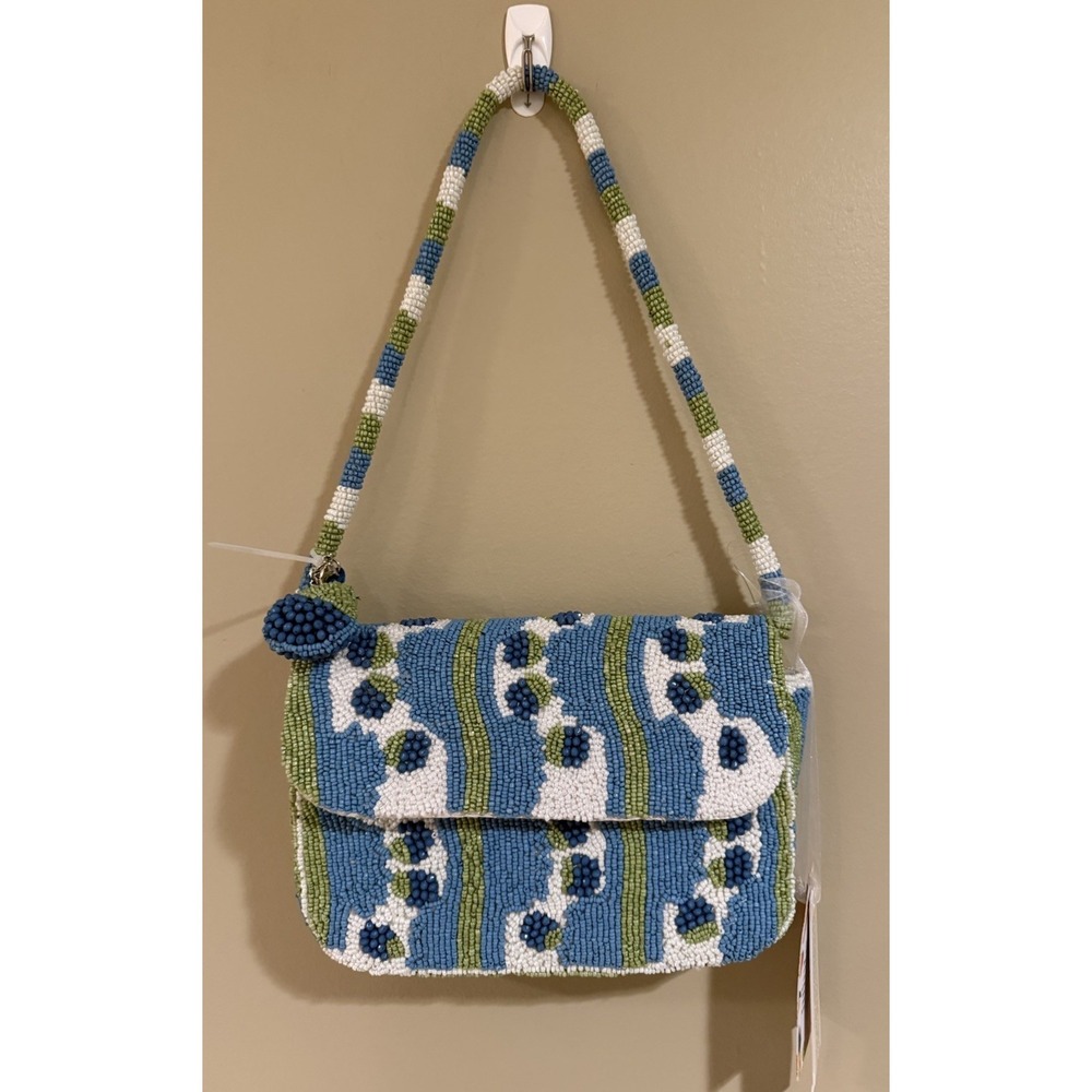 Handcrafted‎ In India Blue Green White Striped Blueberry Beaded Bag NWT